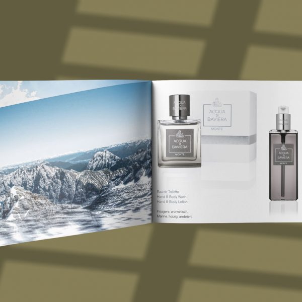 Gestaltung einer Broschüre Innenseiten im Format A5 für den Kunden Acqua di Baviera als Grafikdesign Auftrag durch das KREATIVSTUDIO München