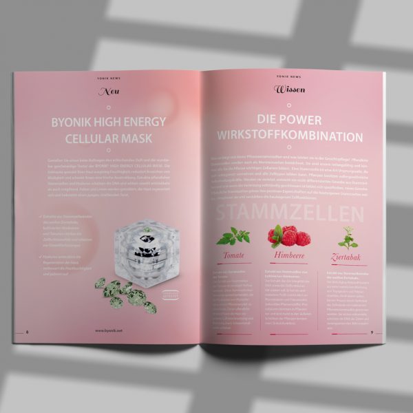 Gestaltung einer Magazin Doppelseite für das YONIK NEWS Magazin mit Byonik Mask für den Kunden Beauty Lumins als Grafikdesign Auftrag durch das KREATIVSTUDIO München