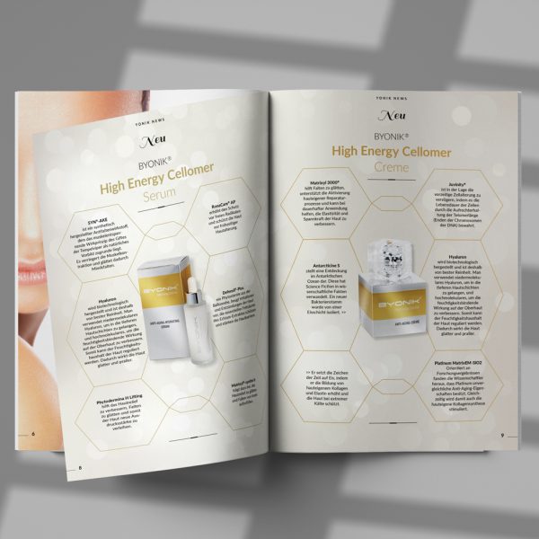 Gestaltung einer Magazin Doppelseite für das YONIK NEWS Magazin mit Byonik Serum für den Kunden Beauty Lumins als Grafikdesign Auftrag durch das KREATIVSTUDIO München