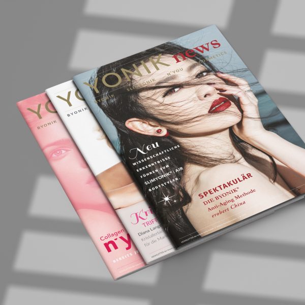 Konzeption und Gestaltung das Magazins YONIK news für den Kunden Beauty Lumins als Grafikdesign Auftrag durch das KREATIVSTUDIO München