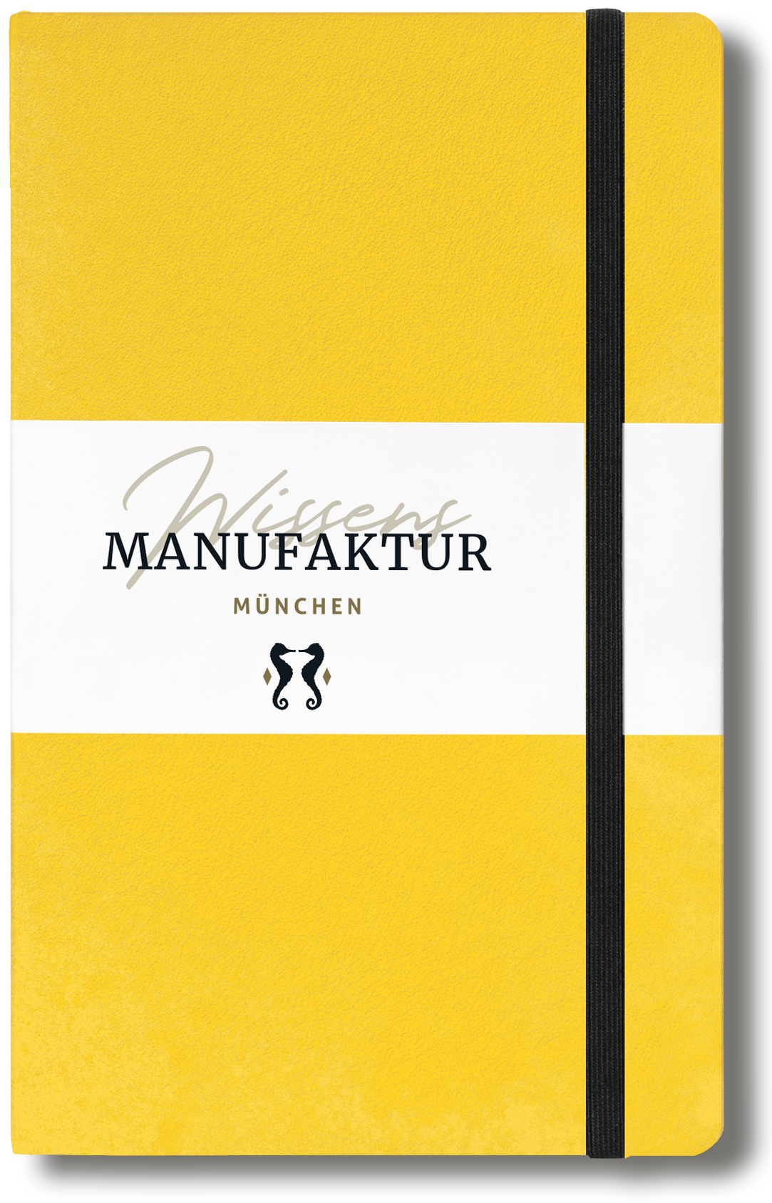 Gelbes Notizbuch mit Branding der WissensMANUFAKTUR München
