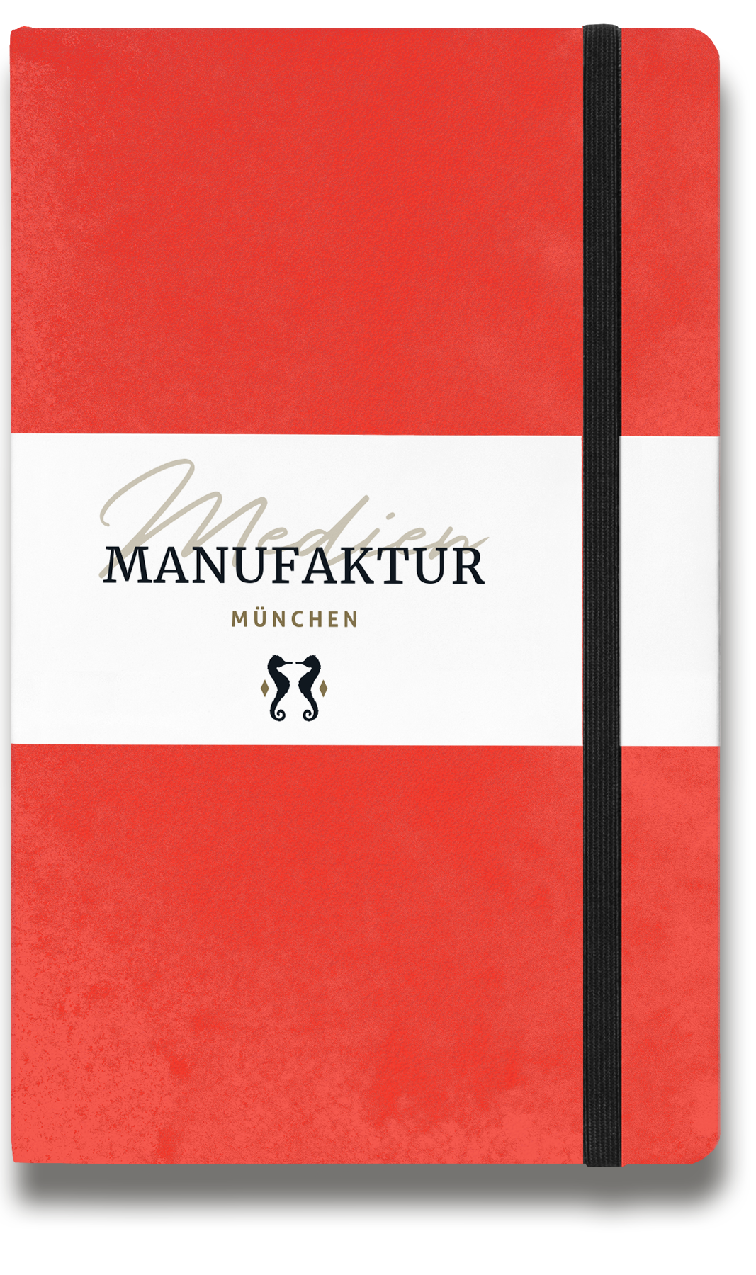 Rotes Notizbuch mit Branding der MedienMANUFAKTUR München